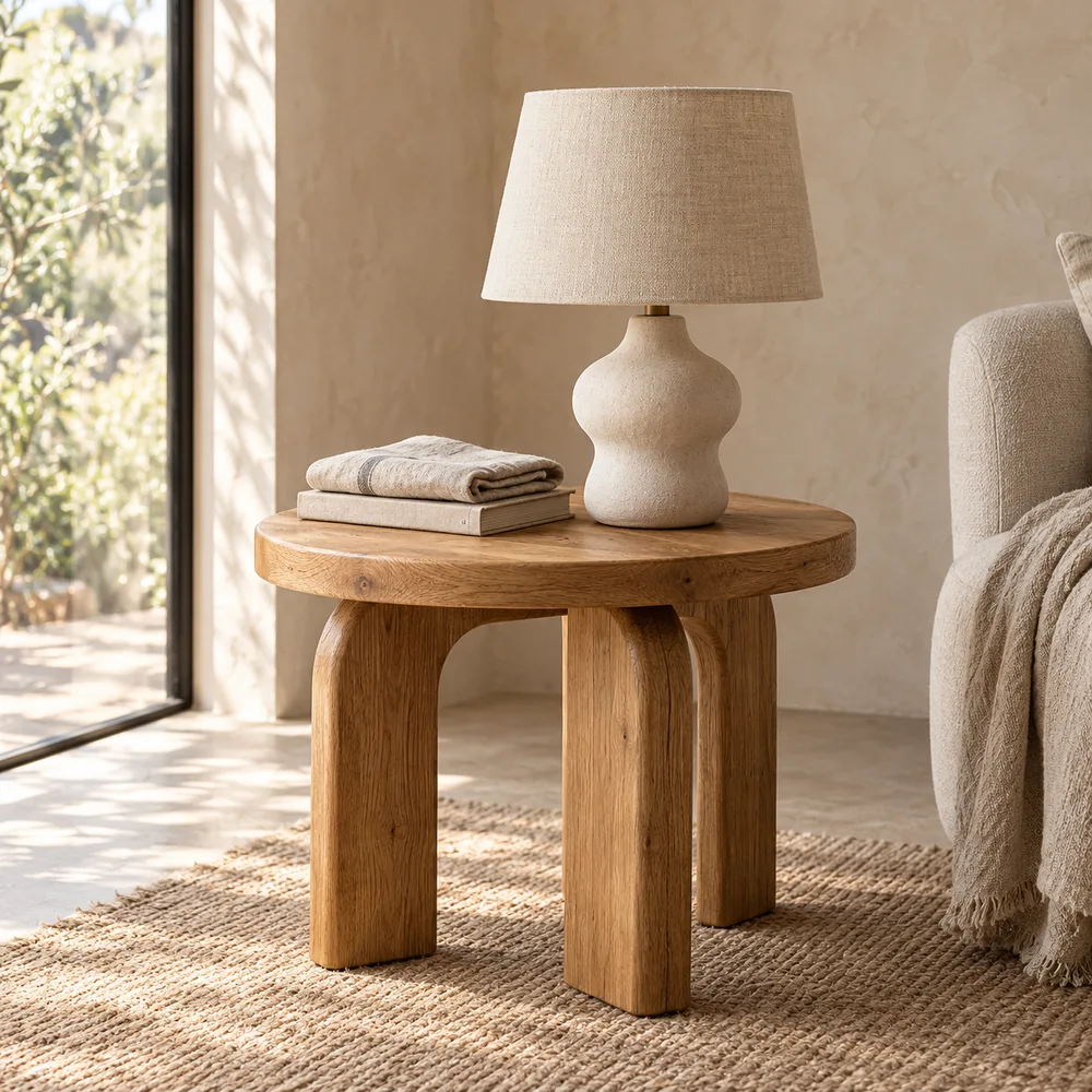 Oak side table with a ceramic lamp and linen shade
