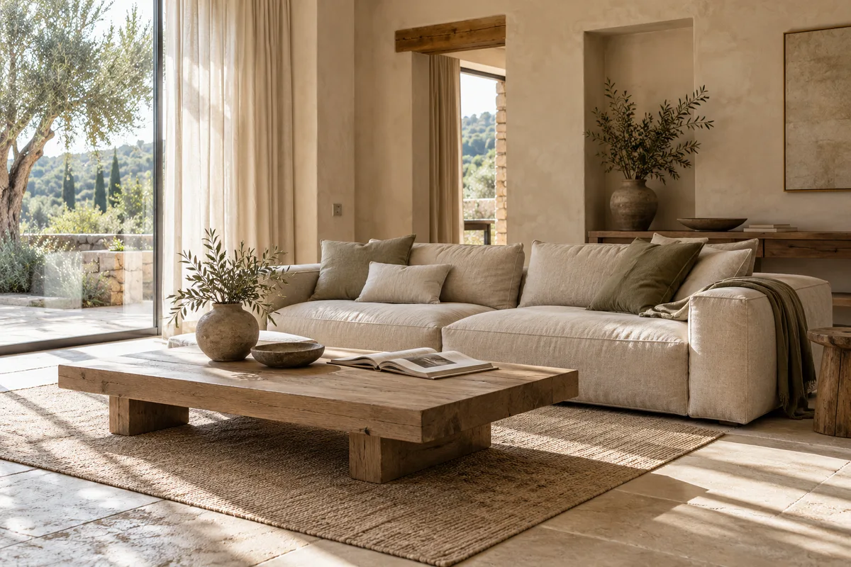 Linen sofa and oak furniture in a sunlit living room
